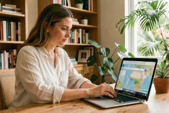 Femme cherchant un code postal de l'île Maurice sur un ordinateur portable depuis un bureau à domicile