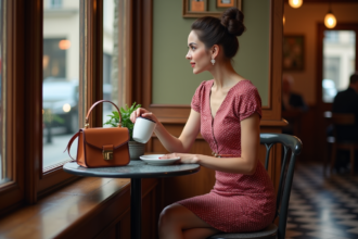 Femme élégante en robe à pois dans un café parisien