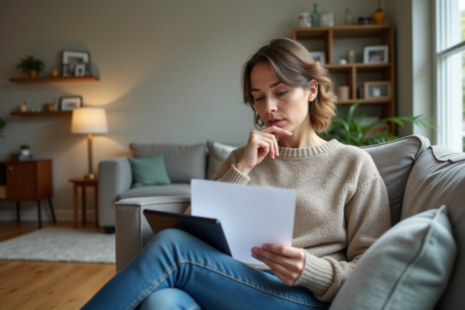 Femme d'âge moyen consulte des documents dans un salon moderne