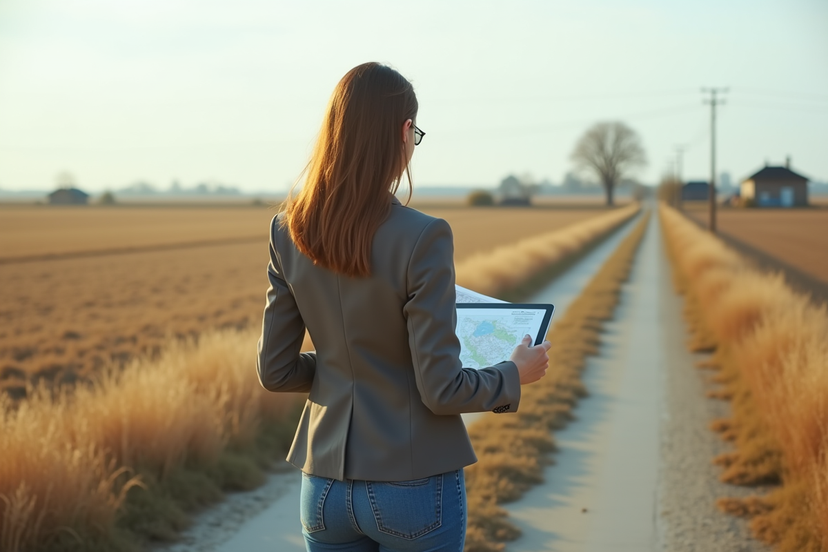 Jeune femme en blazer observe un champ rural