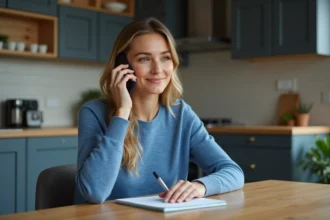 Femme en casual au téléphone dans une cuisine moderne