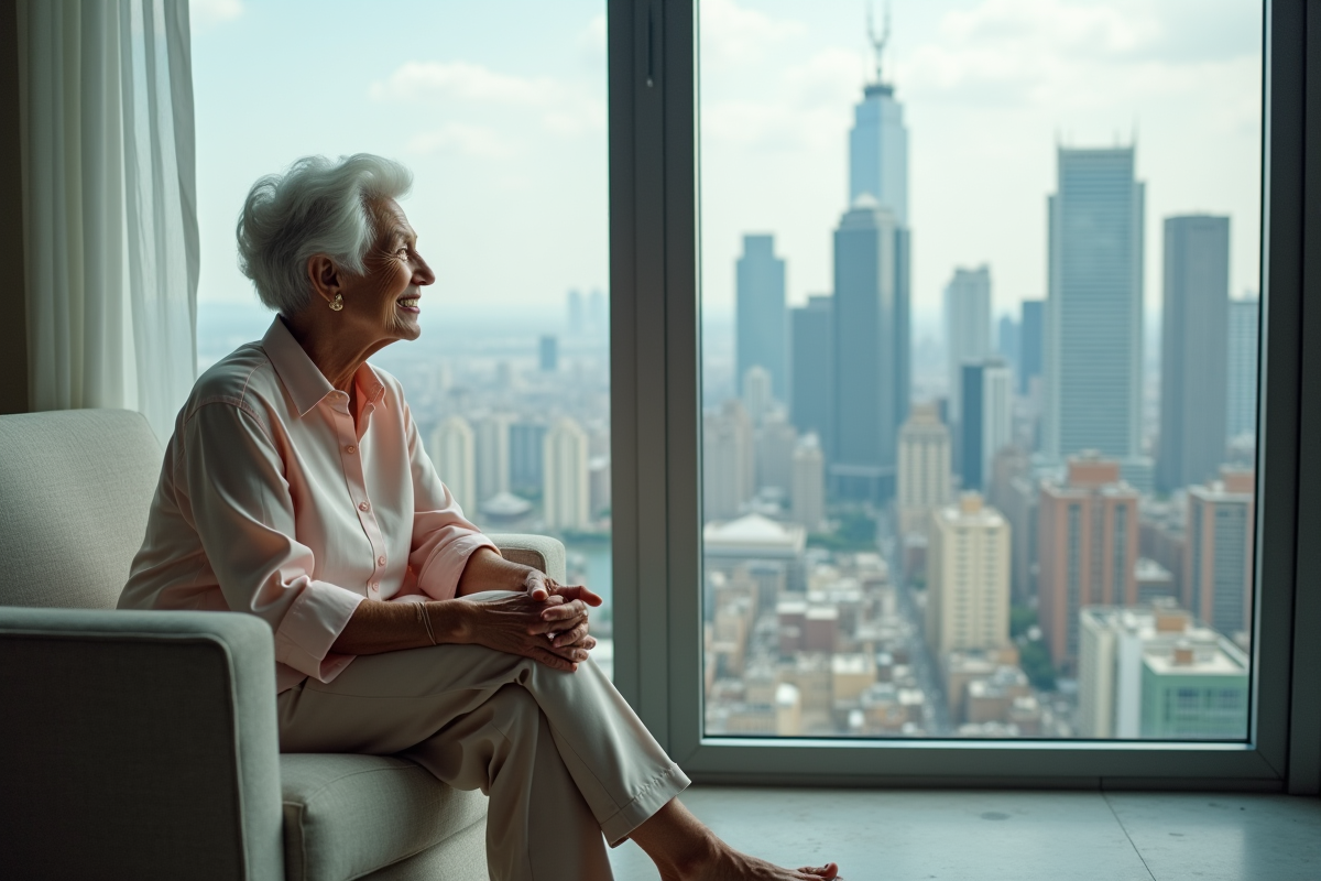 Femme âgée regardant par la fenêtre sur la ville
