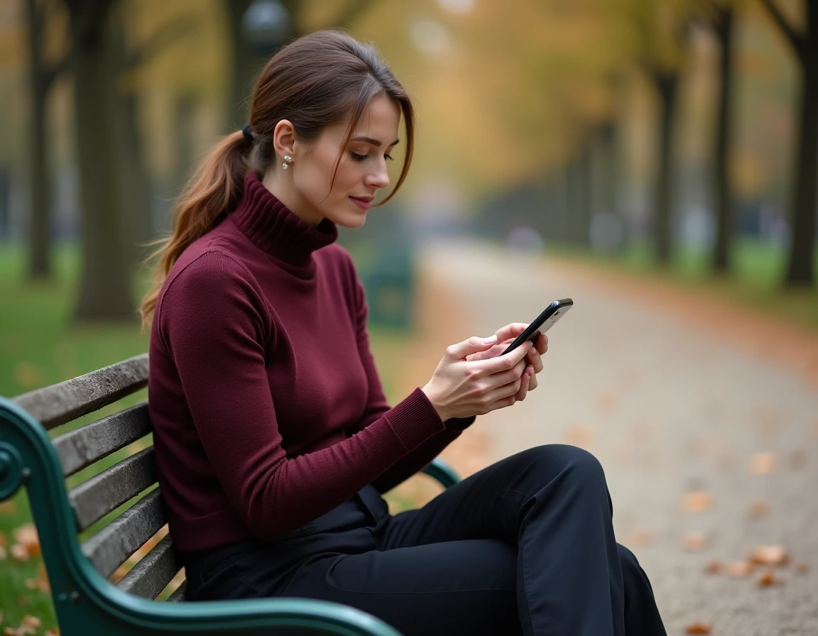 Femme consultant une page produit sur un site mobile en plein air dans un parc parisien en automne