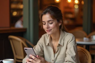 Jeune femme consultant le site OVS Paris sur son smartphone dans un café parisien