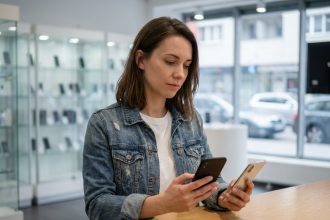 Jeune femme compare deux smartphones en magasin