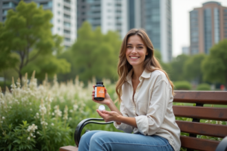 Femme souriante avec vitamine B dans un jardin urbain