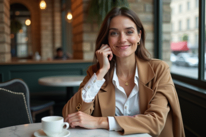 Femme élégante ajustant un collier en café parisien