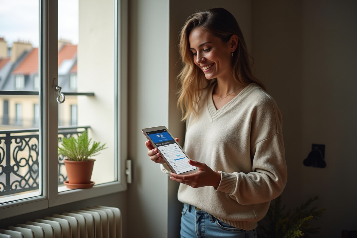 Jeune femme souriante tenant une tablette dans son appartement parisien