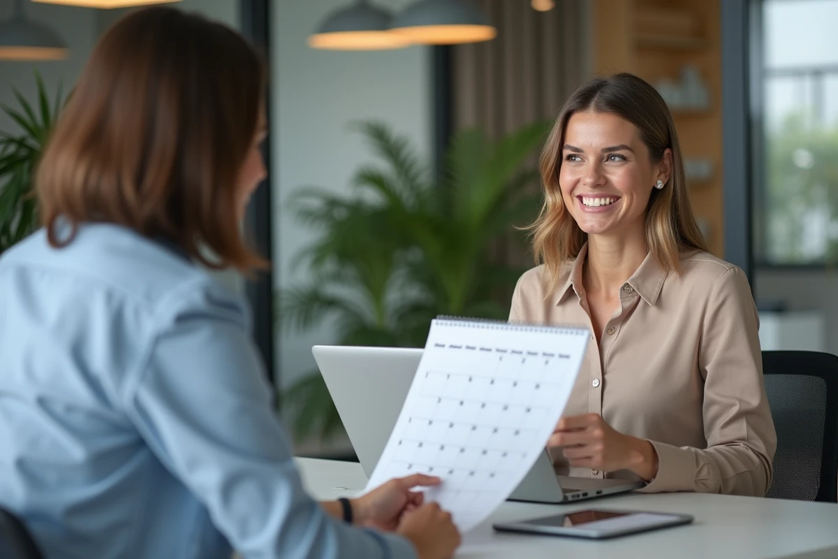 Femme professionnelle souriante discutant de ses vacances au bureau