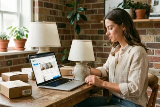 Femme listant un objet de seconde main sur une plateforme de troc digital depuis son bureau à domicile