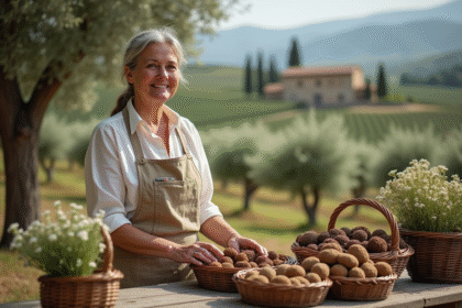 Femme italienne arrangeant des paniers de truffes dans un paysage rural