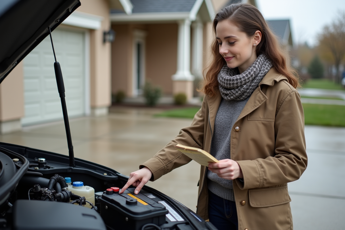 Jeune femme vérifiant la batterie de sa voiture dans la rue