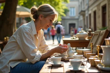 Femme inspectant des objets anciens sur une table de vide grenier en plein air dans un village du Lot