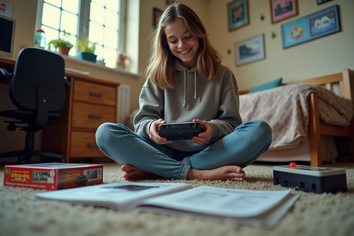 Fille déballant une console de jeux vintage dans sa chambre