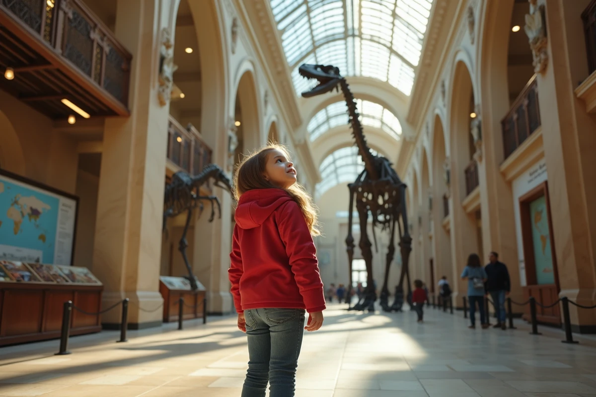 Jeune fille explorant un musée de paléontologie