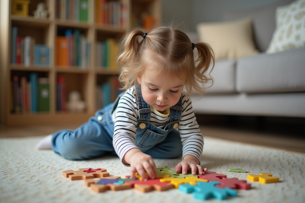 Jeune fille en overalls jouant avec un puzzle coloré dans le salon