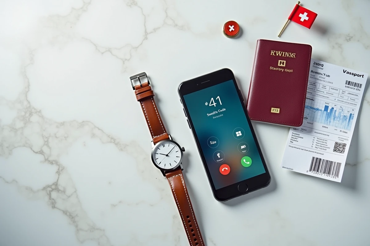 Flat-lay d'un smartphone affichant l'indicatif +41 de la Suisse, avec passeport et drapeau suisse sur marbre blanc