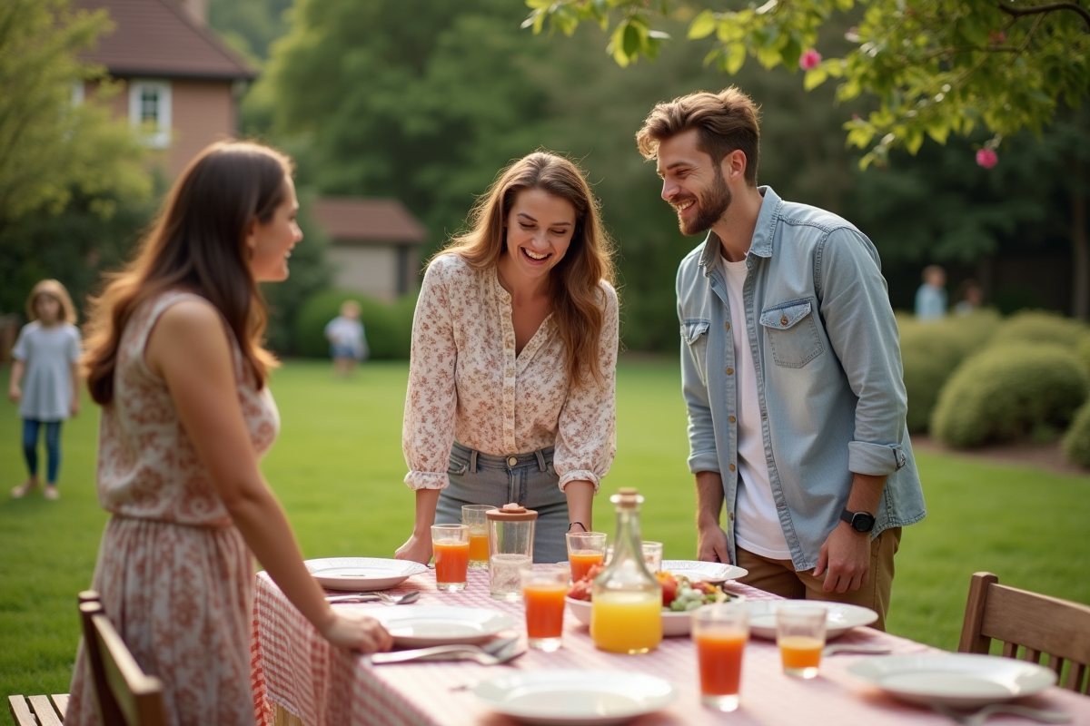 Freres et soeurs riant dans le jardin en famille