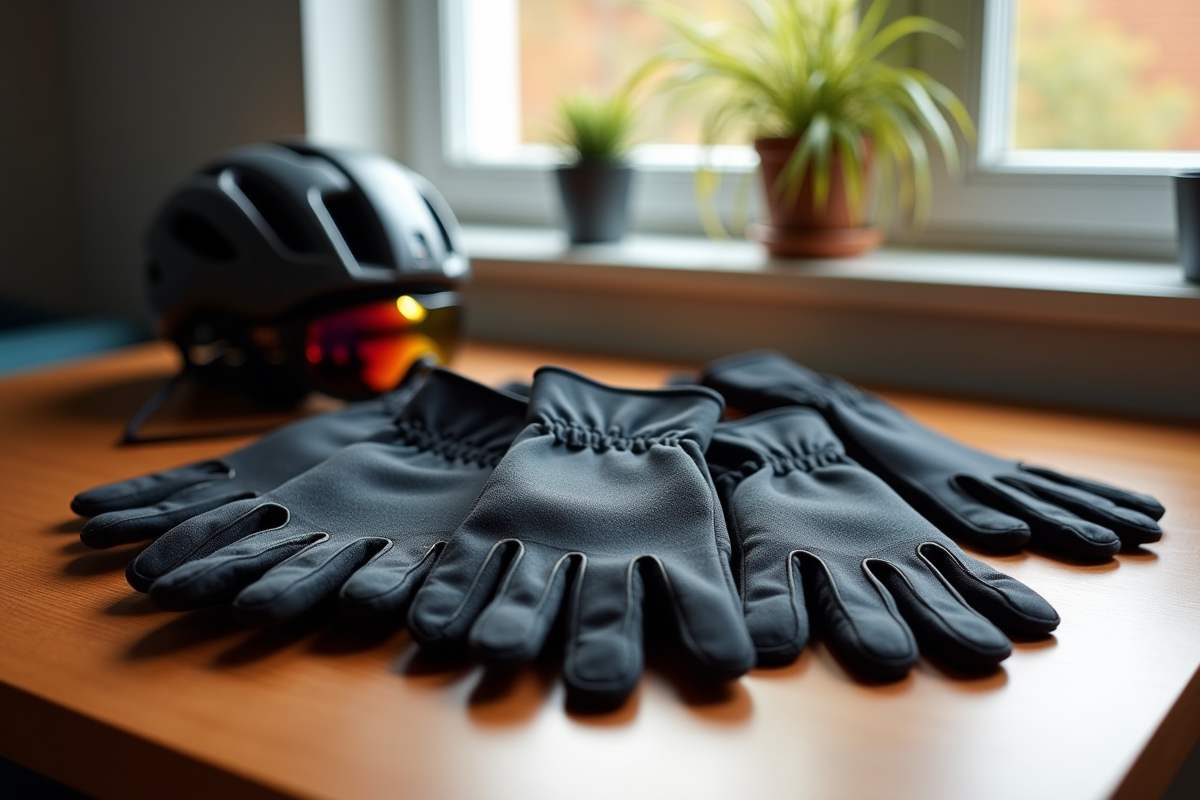 Gants chauffants pour vélo avec casque et lunettes en lumière naturelle