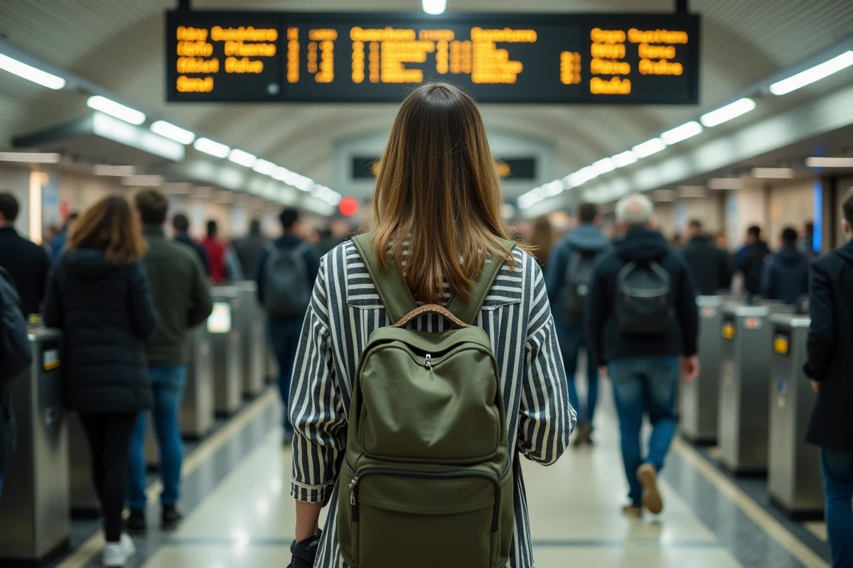 Jeune femme naviguant dans le hall bondé d'une gare RER en Île-de-France aux heures de pointe