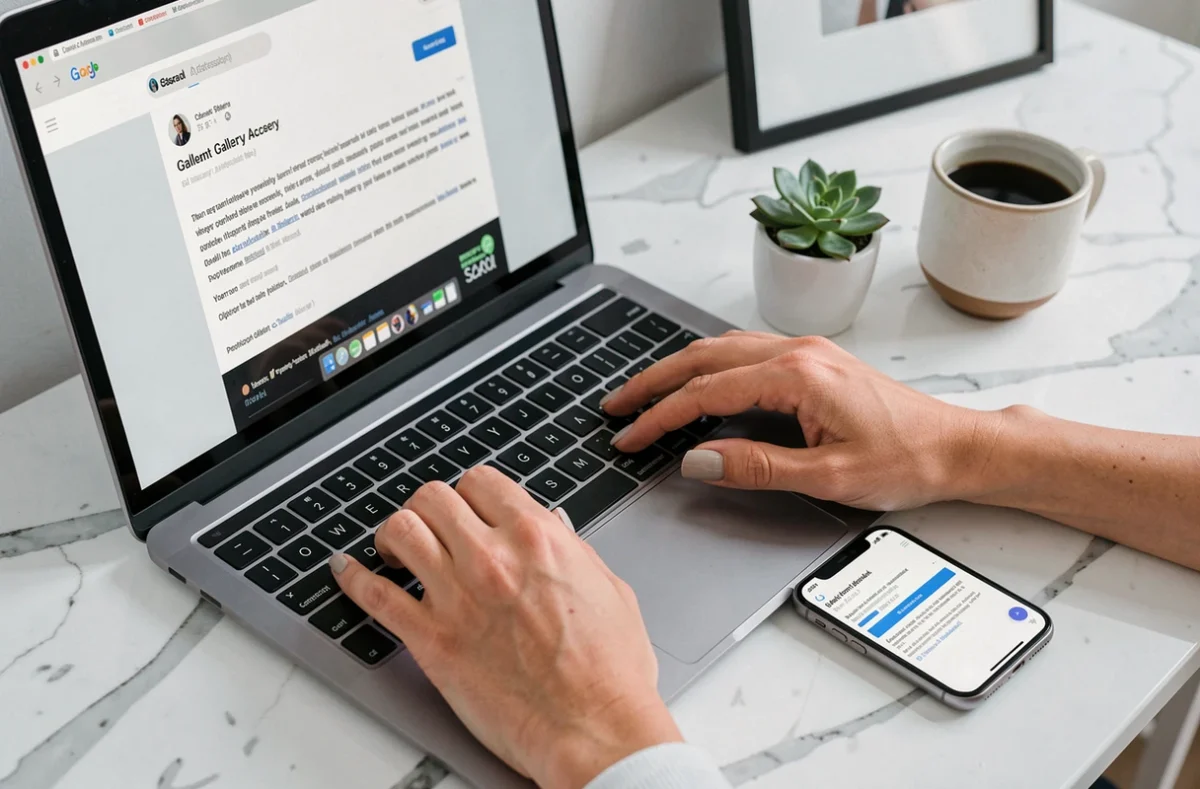 Mains d'une photographe gérant la transition de ses clients vers une nouvelle galerie en ligne sur ordinateur et smartphone