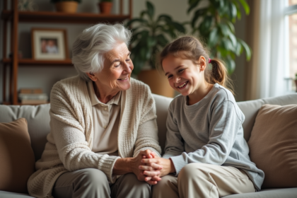 Une grand-mère souriante avec un enfant dans un salon chaleureux