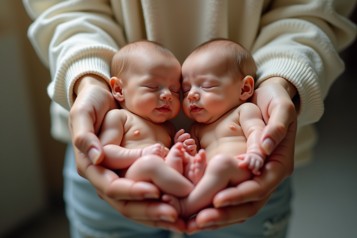 Gros plan de jumeaux conjoins tenus par un adulte avec lumière naturelle