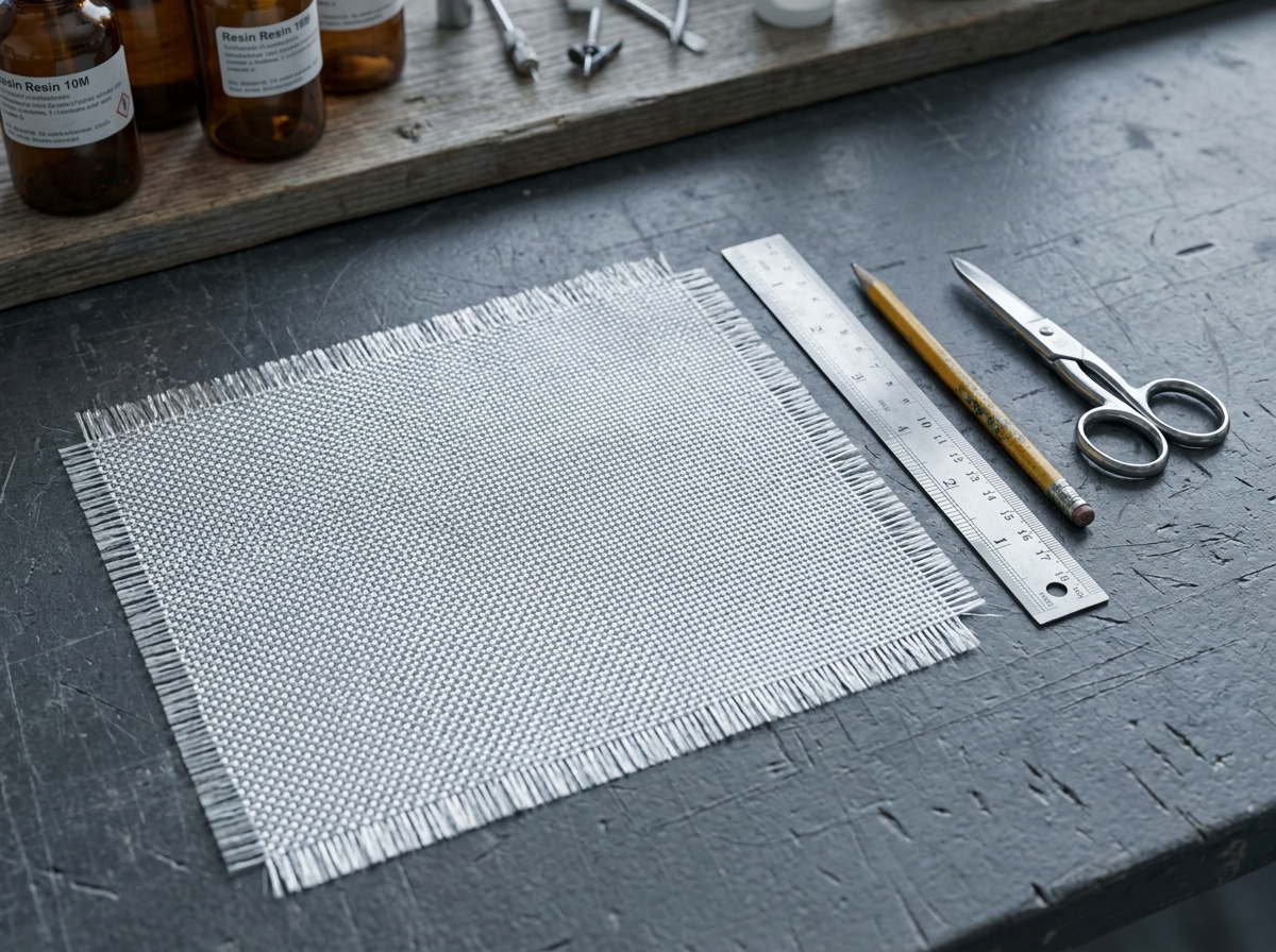 Gros plan sur un tissu de verre tissé avec règle et outils de découpe sur établi d'atelier