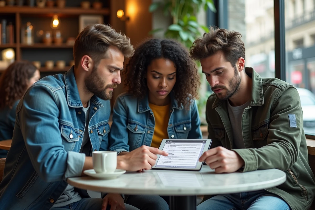 Groupe de personnes dans un café discutant d'un site d'archives web sur une tablette