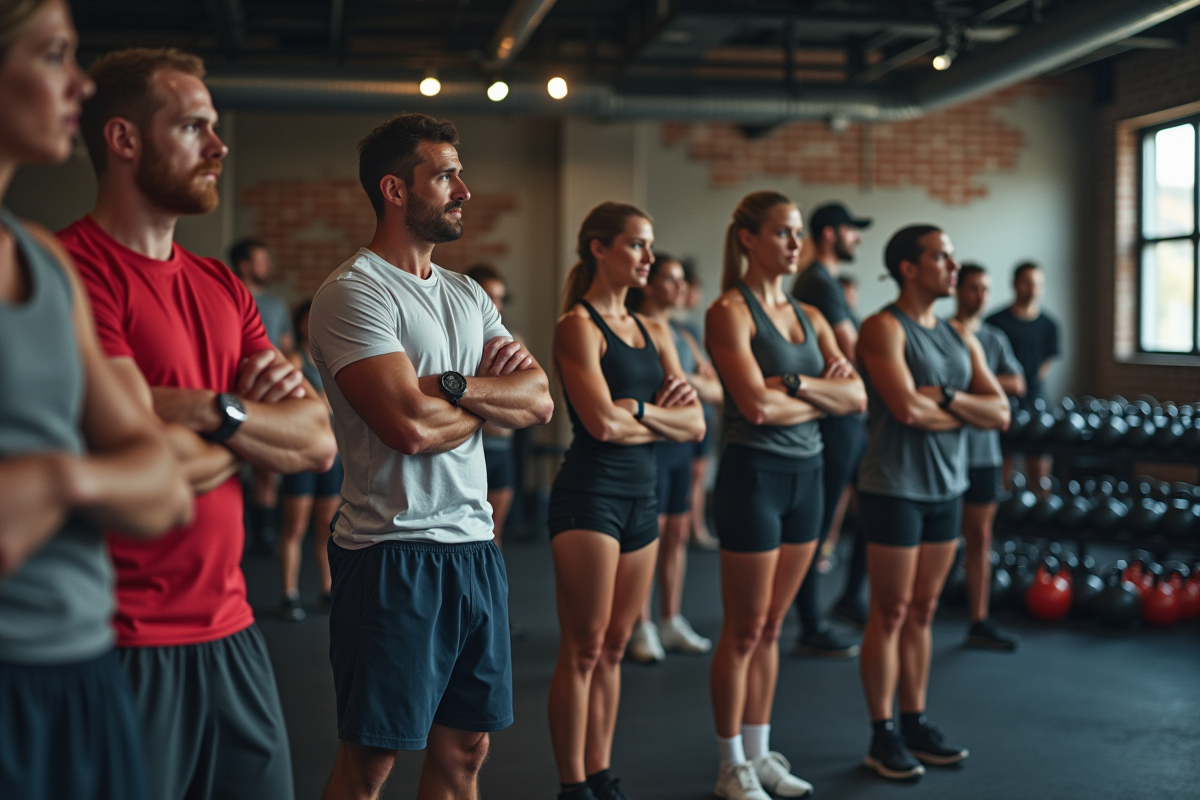Groupe d'adultes en entraînement CrossFit dans une salle moderne
