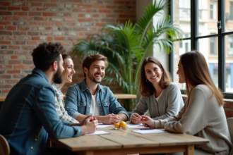 Groupe divers d'adultes discutant dans un loft moderne