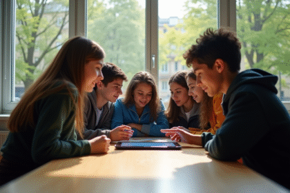 Groupe d'élèves au lycée utilisant une tablette dans une classe lumineuse