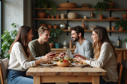 Groupe de jeunes adultes partageant un repas convivial dans un coliving