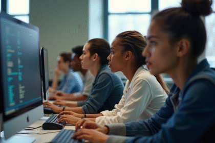 Groupe de jeunes en formation informatique dans une salle moderne