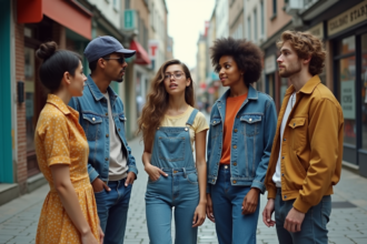 Groupe de jeunes adultes en ville portant styles des années 1950 à aujourd'hui
