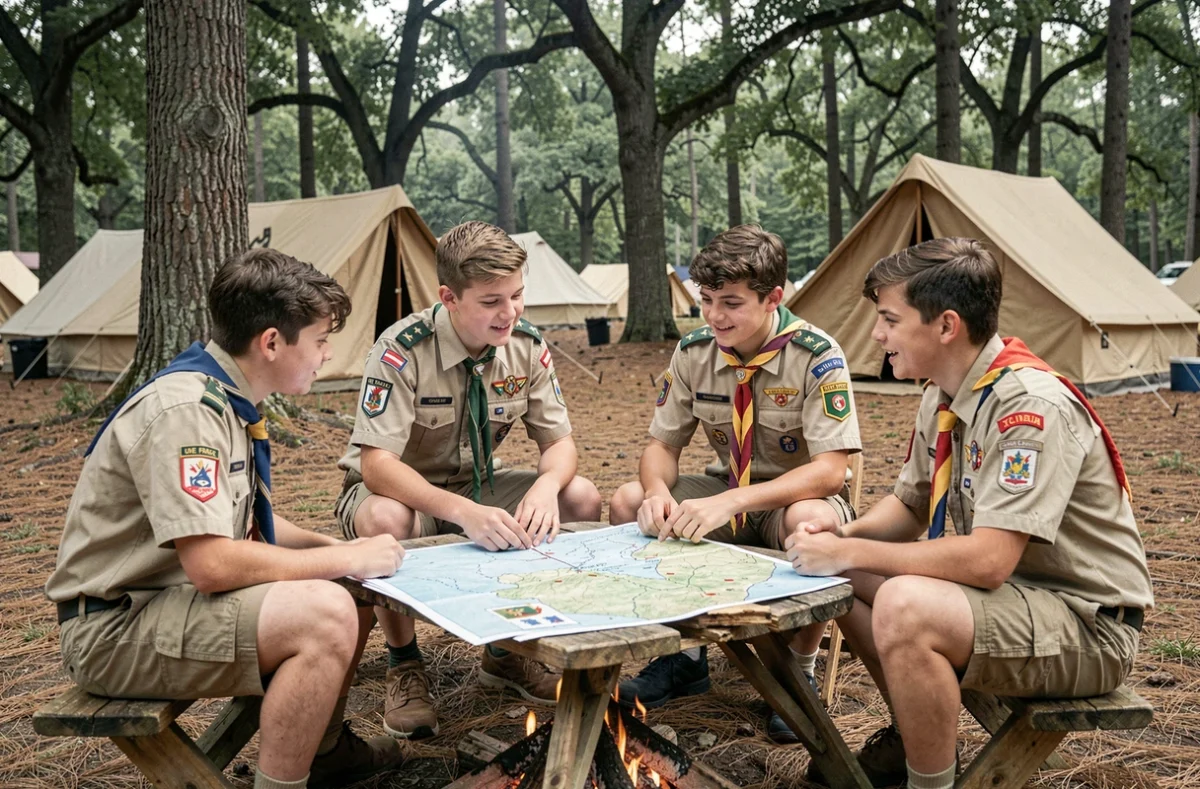 Groupe de jeunes scouts unitaires de France en camp avec uniformes et insignes autour d'une table de patrouille en forêt