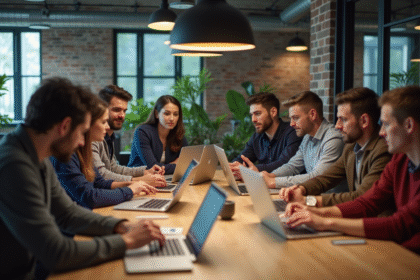 Groupe de collègues en réunion dans un bureau moderne