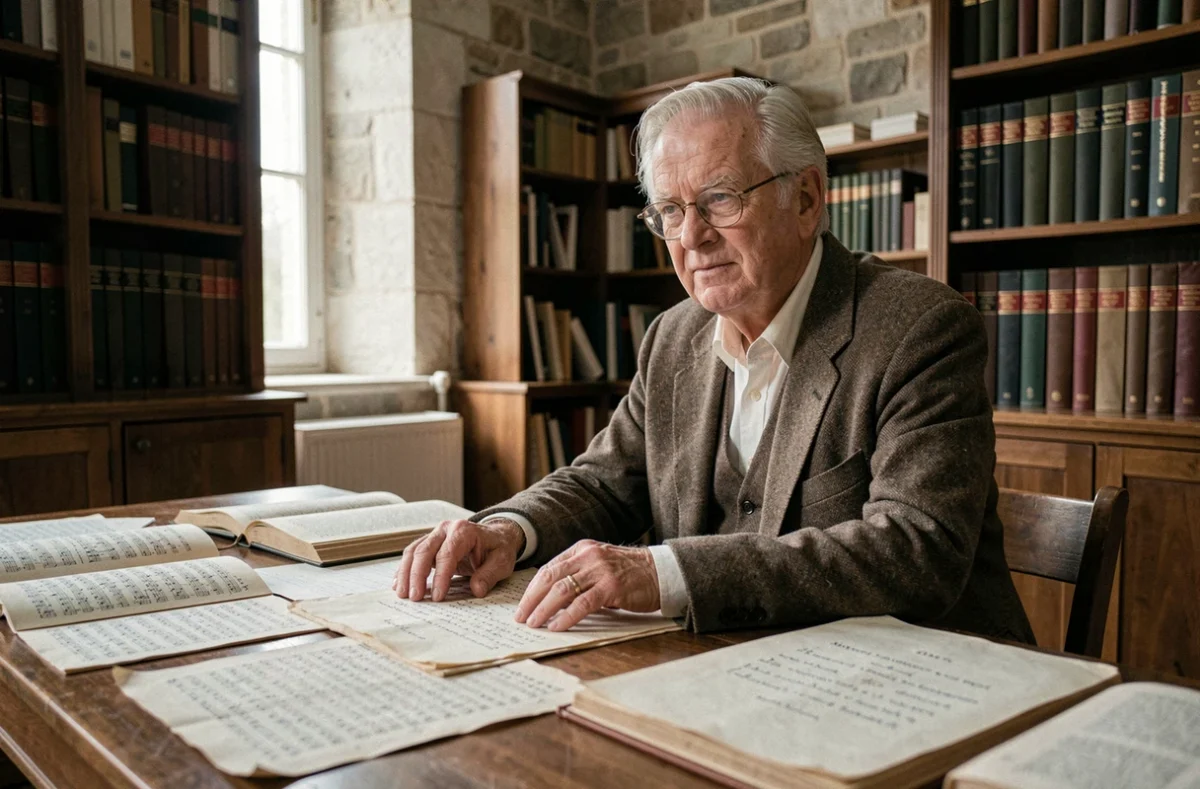 Historien spécialisé en musique militaire française étudiant des manuscrits anciens dans une salle d'archives
