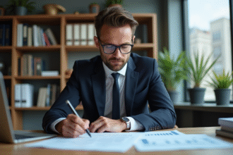 Homme d'affaires en costume noir examine des documents financiers