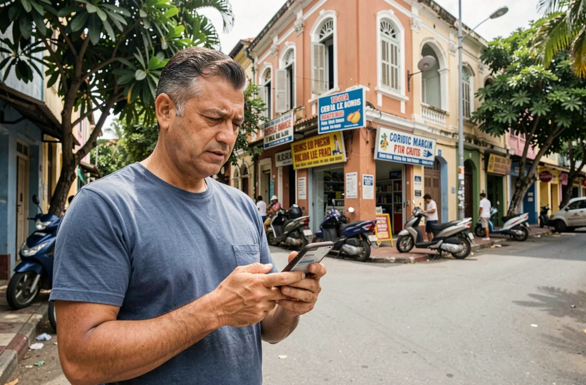 Homme consultant une application de codes postaux de Maurice dans une rue animée de Port Louis
