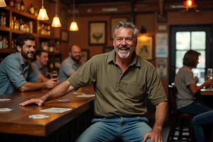 Homme d'âge moyen racontant une blague au bar