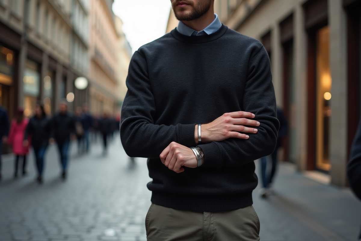 Homme portant un bracelet en ville sur un trottoir