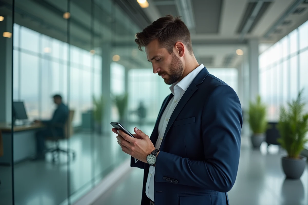 Homme en bureau moderne composant un numéro international sur son téléphone pour appeler la Suisse