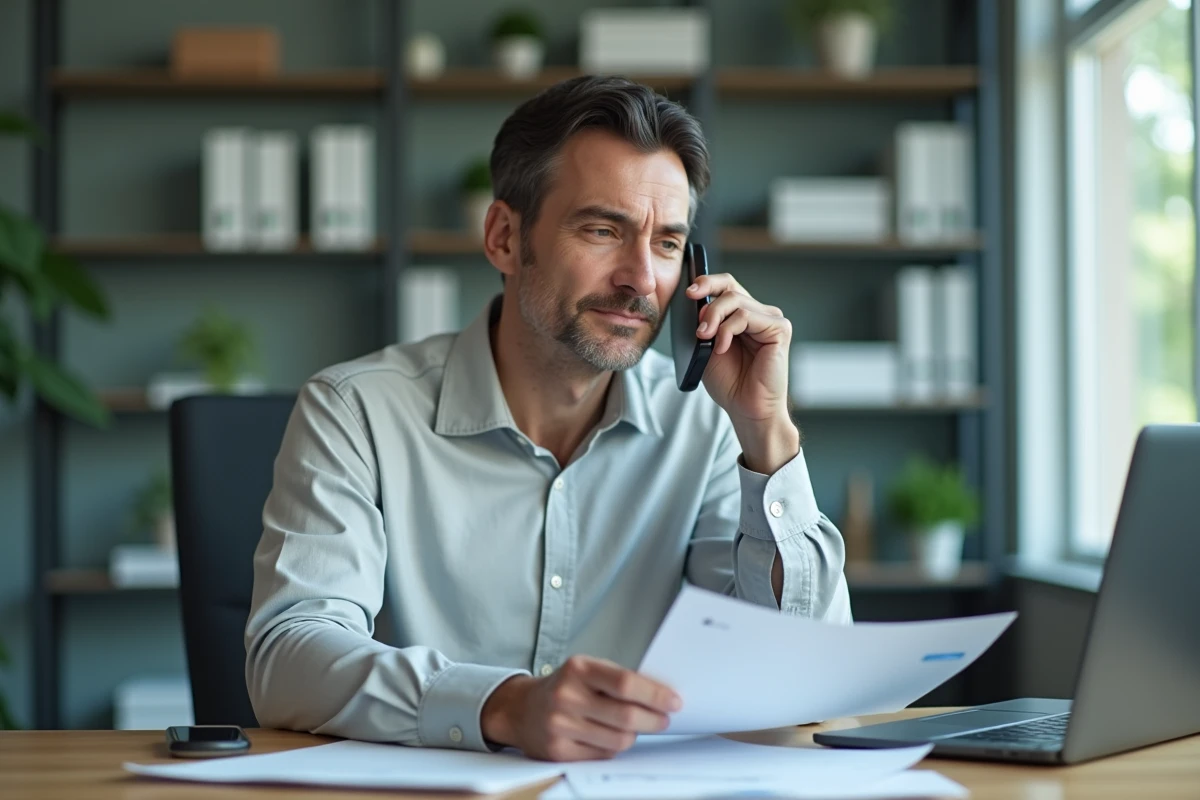 Homme au bureau préparant un appel client dans un espace moderne
