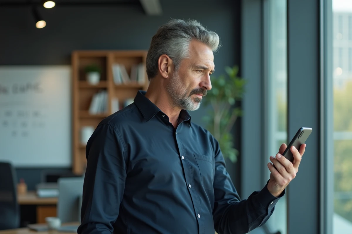 Homme d'affaires vérifiant un numéro de téléphone inconnu dans un bureau professionnel
