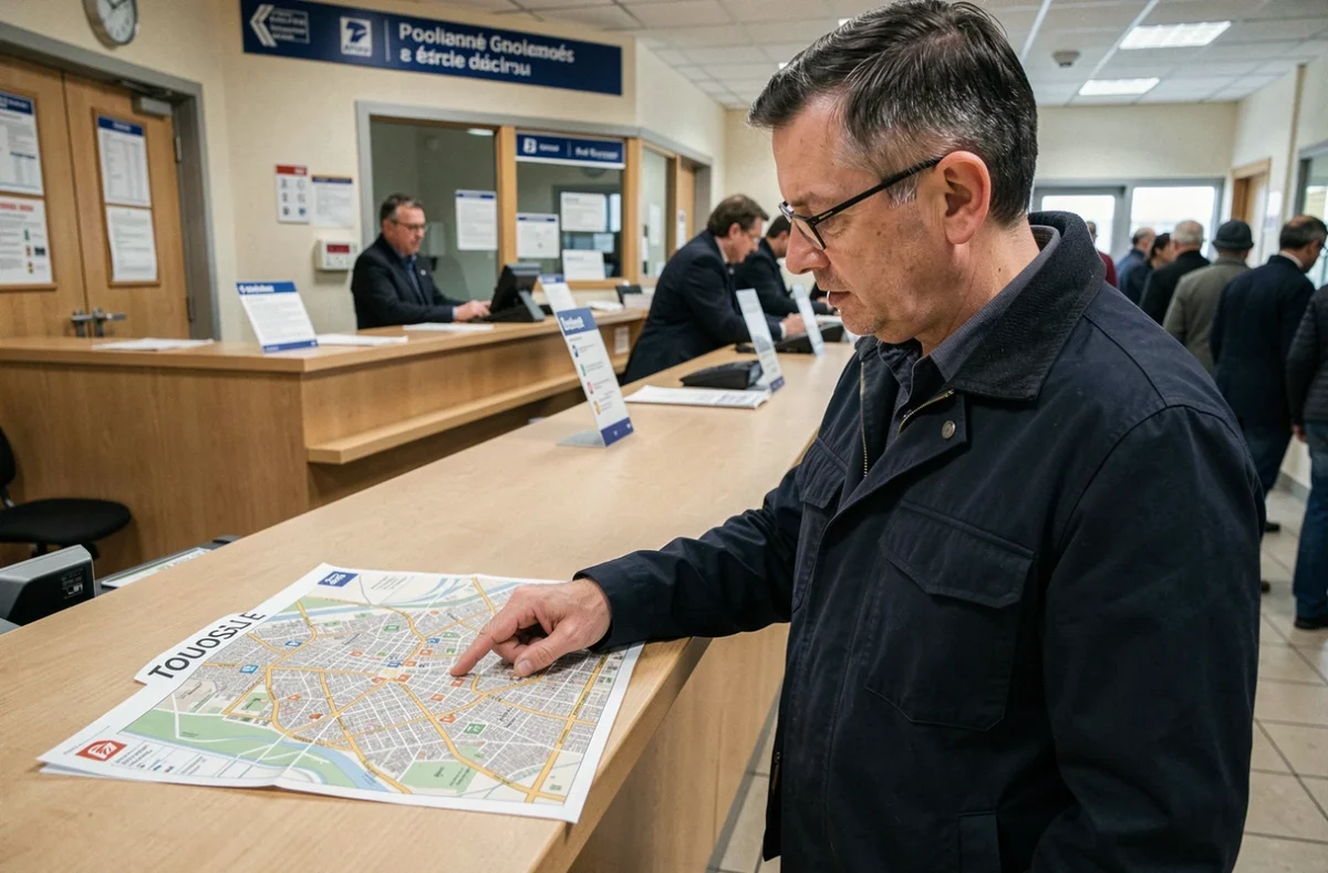 Homme consultant une carte des quartiers de Toulouse et des codes postaux au guichet d'un bureau de poste