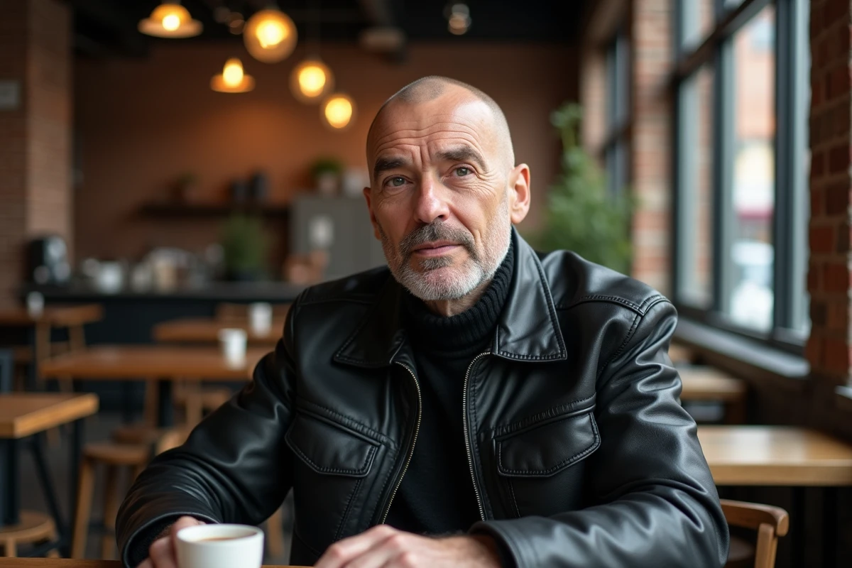 Homme charismatique en veste en cuir noir assis dans un café urbain, portrait éditorial entre culture populaire et vie personnelle