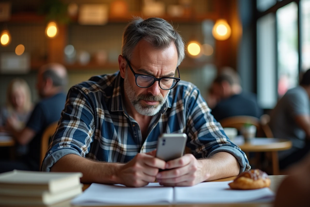 Homme concentré jouant à Cémantix sur son smartphone dans un café animé