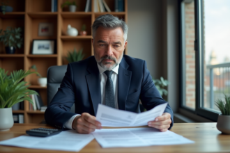 Homme d'âge moyen en costume bleu examinant des contrats fiscaux