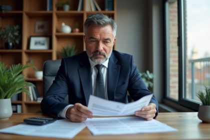 Homme d'âge moyen en costume bleu examinant des contrats fiscaux